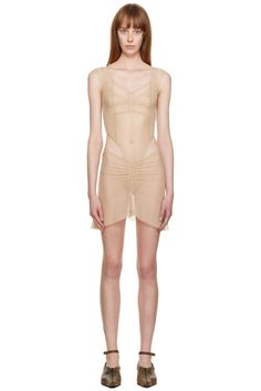 KNWLS: Beige Celest Minidress | SSENSE Fitted Mesh Mini Dress With Sheer Bodice, Fitted Mini Dress With Sheer Mesh Back, Fitted Nylon Dresses With Sheer Details, Fitted Sheer Nylon Dress, Fitted Sheer Dresses Made Of Nylon, Sheer Sleeveless Nylon Mesh Dress, Fitted Sleeveless Nylon Mesh Dress, Sleeveless Sheer Polyamide Dresses, Summer Bodycon Mesh Dress In Nylon