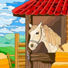 a white horse sticking its head out of a barn window in front of a red roof