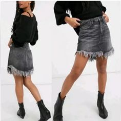 Free People Bailey Frayed Denim Mini Skirt In Black Wash High Waist Edgy Cutoff Mini Skirt With Frayed Hem, Edgy Mini Bottoms With Frayed Hem, Gray Trendy Denim Skirt For Spring, Edgy Dark Wash Mini Skirt, Trendy Gray Denim Skirt For Spring, Trendy Gray Denim Skirt, Black Mini Denim Skirt For Fall, Black Grunge Denim Skirt For Fall, Gray Bottoms With Frayed Hem For Fall