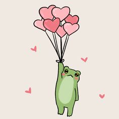 a green frog holding pink hearts in the air