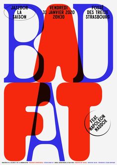 the poster for an art exhibition with red and blue letters