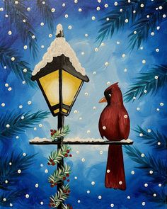 a painting of two birds perched on a lamp post in the snow with pine branches