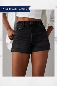 Stretch/Mid-weight denim with just enough stretch for everyday comfort/Won't bag out. Ever./Black wash Denim Mom Shorts, Athletic Fit Jeans, Mom Denim, Jeans Clothes, Black Jean Shorts, Black Jean, Jean Trends, American Eagle Shorts, Curvy Jeans