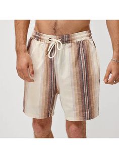 Men Linen Pants, Summer Retro Surf Stripe Shorts Vacation Bermuda Pants With Pockets, Casual Bermuda Pants For Vacation, Casual Brown Beach Bottoms, Relaxed Fit Brown Beach Bottoms, Brown Relaxed Fit Beach Bottoms, Brown Relaxed Fit Bottoms For Beach, Brown Beach Season Bottoms With Elastic Waistband, Brown Elastic Waistband Bottoms For Beach Season, Brown Bottoms With Elastic Waistband For Beach Season