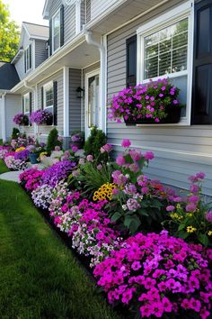 flowers line the side of a house on a sunny day