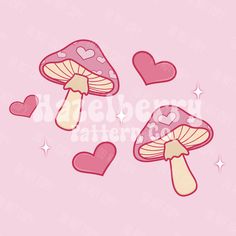 two mushrooms and hearts on a pink background