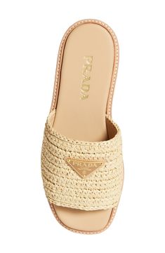 Prada's iconic triangular logo brands the crocheted-raffia band of this breezy warm-weather slide boosted on a lightweight cork-wrapped platform. 2 1/2" (64mm) heel; 1 3/4" platform (size 39) Textile upper/synthetic lining and sole Made in Italy Designer Shoes Branded Sandals, Name Brand Shoes, Womens Flat Sandals, Shoes To Wear In Italy, Beach Heels, Cute Summer Shoes, Prada Slides, Designer Slides, Prada Sandals