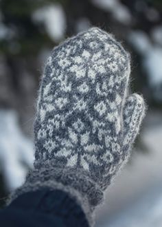 a person's hand wearing mittens in the snow