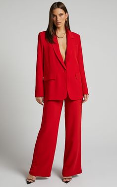 Formal Red Wide-leg Pants, Red Wide Leg Pants For Formal Occasions, Red Wide-leg Bottoms For Formal Occasions, Formal Red Wide Leg Bottoms, Fall Red Wide Leg Ankle-length Pants, Solid Wide-leg Pantsuit With Pockets, Solid Color Wide-leg Pantsuit With Pockets, Red Wide Leg Dress Pants For Spring, Chic Red Wide Leg Pants For Fall