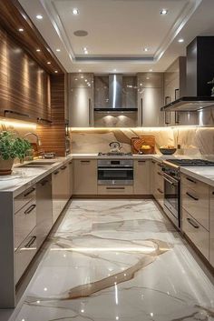 a kitchen with marble flooring and white counter tops on both sides of the room