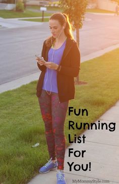 a woman standing on the sidewalk with headphones in her ears and text that reads, fun running list for you