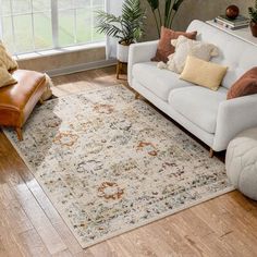 a living room with a couch, chair and rug on the floor in front of a window