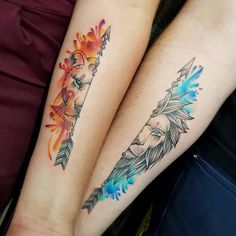 two people with matching tattoos on their arms