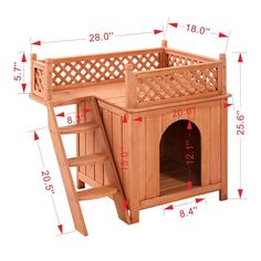 a wooden dog house with stairs for the top and bottom level, measurements are shown