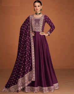 💜 Embrace Royal Purple Elegance! Discover our Purple Premium Silk Pant Anarkali - a fusion of tradition and modern allure. Perfect for celebrating your special moments with grace and style. Get ready to shine like royalty! ✨👖 #ArabicAttireFashion #PurpleSilkAnarkali #ModernTradition #CelebrateElegantly #AnarkaliSplendor Silk Anarkali Gown, Silk Anarkali Suits, Silk Anarkali, Gown With Dupatta, Gown Party Wear, Zari Embroidery, Party Wear Gown, Anarkali Gown, Silk Bottoms