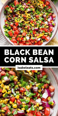 black bean corn salsa in a white bowl with a spoon