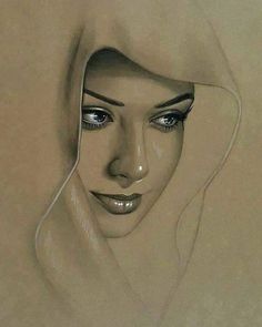 a pencil drawing of a woman's face with a veil over her head and eyes