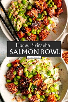 two bowls filled with rice and vegetables next to chopsticks on the side that says honey sriraca salmon bowl