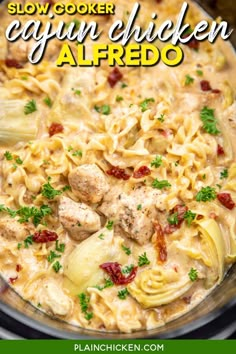 slow cooker cajun chicken alfredo recipe with text overlay