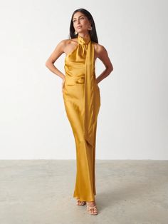 Chloé Scarf Maxi Dress - Saffron – Pretty Lavish Jumpsuit Wedding Guest, Italy Wedding Guest, Pretty Lavish, Print Chiffon Maxi Dress, Chloe Dress, Bridal Jumpsuit, Full Glam, Striped Knit Dress, 2025 Wedding