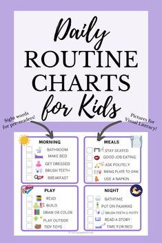 the daily routine chart for kids with text overlay that reads daily routine sheets for kids