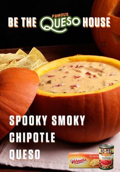 an advertisement for the famous queso house featuring pumpkins, chips and dippers