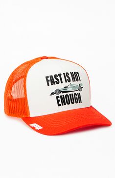 PacSun exclusive! Top off your warm-weather look with the Formula 1 x PacSun Fast Is Not Enough Trucker Hat. This ultra-cool trucker hat features a bold "Fast Is Not Enough" graphic on the front with a curved brim, mesh backing, and an adjustable snapback.


	Formula 1 graphic
	Curved brim
	Mesh backing
	Breathable eyelets
	One size fits most Orange Trucker Baseball Cap One Size, Sporty Trucker Hat For Summer, Orange Trucker Snapback Hat, Red Snapback Visor Hat For Summer, Orange Curved Brim Trucker Hat, Orange Snapback Trucker Hat For Outdoor, Orange Trucker Hat For Streetwear, Orange Trucker Hat, One Size Fits Most, Retro Summer Trucker Hat With Visor