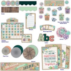 an assortment of stickers and magnets with flowers, leaves, and words on them