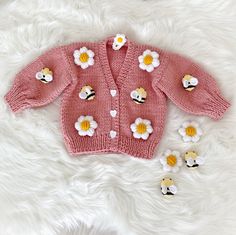 Daisies and Bees Cardigan, Baby Girl Cardigan, Handmade Flower Cardigan, Pink Knit Jacket,baby Girl Clothing,baby Gift, Newborn Gift - Etsy Cute Crochet Knit Cardigan, Cute Handmade Spring Cardigan, Handmade Cute Spring Cardigan, Cute Hand-knitted Cardigan, Cute Hand Knitted Cardigan, Daisies And Bees, Girl Cardigan, Cardigan Handmade