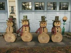 four snowmen are standing in front of a garage door with the words diy project ideas using wood wedges or logs