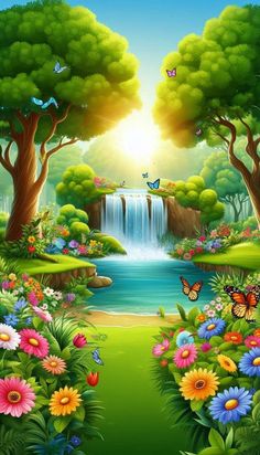 a beautiful waterfall surrounded by flowers and trees with butterflies flying over the falls in the background