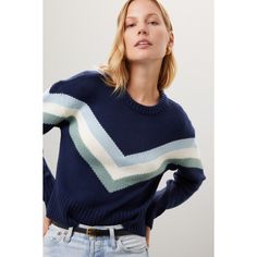 Blue stripe knit (70% Acrylic, 30% Wool). Sweater. Long sleeves. Crewneck. Pull on. 20.5" from shoulder to hemline. Imported. Marissa Webb, 70s Era, Rent The Runway, Chevron Stripe, Closet Designs, Striped Knit, Wool Sweater, Stripe Sweater, Chunky Knit