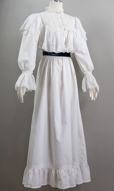 1840s Nightgown, Vintage White Victorian Day Dress With Ruffles, Vintage White Victorian Dress With Ruffles For Daywear, Cottagecore Prairie Dress With Lace Trim For Daywear, Long Sleeve Victorian Dress With Ruffles For Daywear, Regency Style White Victorian Dress With Attached Cancan, White Regency Victorian Dress With Cancan, Cottagecore Victorian Cotton Dress With Ruffles, Cottagecore Victorian Dress With Ruffles For Daywear