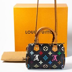 Louis Vuitton Vintage Mini Speedy Bag Black Monogram Multicolor Coated Canvas Speedy Bag, Mini Crossbody Purse, Canvas Leather Bag, Louis Vuitton Vintage, Bag Measurements, Happy We, Vintage Louis Vuitton, Mini Crossbody, Canvas Leather