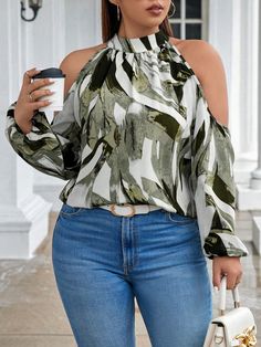 Plus Size Loose Halter Elegant Office Flower Print Blouse Army Green Casual  Long Sleeve Woven Fabric All Over Print Top Slight Stretch Spring/Fall,All Women Plus Clothing, size features are:Bust: ,Length: ,Sleeve Length: Womens Blouses Summer, Halter Shirt, Flower Print Blouse, Lantern Sleeved Blouses, Oversized Outfit, Cold Shoulder Long Sleeve, Summer Blouses, Plus Size Kleidung, Inspiration Mode