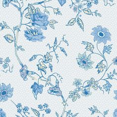 blue flowers and leaves are on a white wallpaper with an intricate pattern in the background