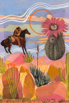 a painting of a man riding a horse in the desert with cactuses and flowers