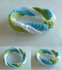 crocheted bracelets with different colors and sizes are shown in three different ways