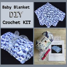 the baby blanket diy crochet kit is shown with instructions to make it