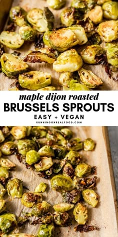 brussel sprouts on a wooden cutting board with the words make diy roasted brussel sprouts easy and vegan