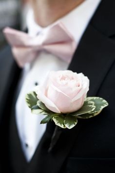 a man in a tuxedo with a pink rose boutonniere on his lapel