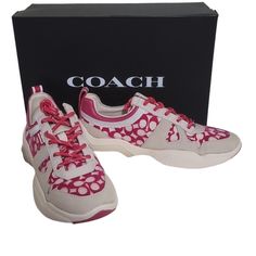 100% Authentic Magenta And Tan Coach Tennis Shoes. It Says On Box Color Hyacinth Size 6 B I Am A 6.5, And They Fit Perfectly. They Have Never Been Worn, Only Tried On At The Store. The Tag Is On The Box, As Seen In The Photos. The Box Has A Tiny Scratch, As Seen In Photos. Coach Round Toe Sneakers For Sports, Coach Lace-up Sports Sneakers, Coach Lace-up Sneakers, Coach Low-top Synthetic Sneakers, Coach Low-top Sneakers For Spring, Coach Sneakers With Cushioned Footbed For Sports, Coach Sneakers With Laces For Sports, Pink Low-top Sneakers With Removable Insole, Pink Sneakers With Speckled Midsole And Round Toe