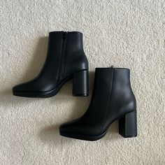 Intentionally Blank Rachel Heeled Ankle Boots Black Leather Like New Worn Once Minimal And Cute Medium Width Heeled Boots With Padded Heel, High Heel Platform Boots With Sculpted Heel For Work, Platform Boots With Sculpted High Heel For Workwear, Heeled Boots With 4-inch Heel For Work, Block Heels With Padded Ankle, Trendy Formal Heeled Boots With 4-inch Heel, Black High Heel Platform Boots For Office, High Heel Boots With 4-inch Heel For Work, Office Heeled Boots With Medium Width