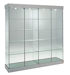 an empty glass display case with lights on the top and bottom shelves, against a white background