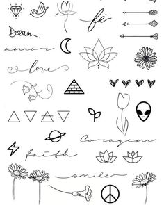 some tattoos that are on the back of a sheet of paper with writing and symbols