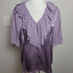 Reposhing This Item I Purchased From @Nrepp1013 Nice And Clean Never Worn By Me As Did Not Fit The Look I Had In Mind. Beautiful And Feminine And Silk- What A Combination! Purple V-neck Blouse For Formal Occasions, Feminine Lavender V-neck Top, Chic Lavender Top With Ruffles, Chic Lavender Tops With Ruffles, Chic Lavender Ruffled Top, Feminine Lavender Tops With Ruffles, Feminine Lavender Ruffled Tops, Lavender V-neck Summer Blouse, Fitted Lavender Blouse For Spring