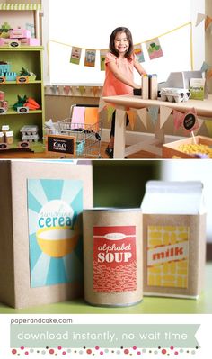 a girl is standing in front of a box and some boxes with food on them