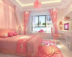 a bedroom decorated in pink and white with polka dot wallpaper, bedding, curtains, desks and windows