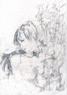 a black and white drawing of a woman laying down