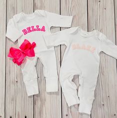 This adorable romper is the perfect addition to your little one's wardrobe, adding a personalized and unique touch to her outfit with our new 3D Vinyl. Made with soft and comfortable fabric, this romper is both stylish and practical for your baby girl to wear all day long. Treat your little princess to a special piece that is as unique as she is with this personalized romper! Romper is made from a soft organic cream cotton stretch fabric Has snaps for easy changing Bow is sold separately Cute Personalized Cotton Onesie, Fitted Cotton Bubble Romper For Loungewear, Cute Unisex Onesie With Name Print, Cute Fitted Onesie For Loungewear, White Long Sleeve Bubble Romper For Loungewear, Personalized White Cute Sets, Personalized Fitted Pink Onesie, Pink Cotton Onesie With Name Print, Fitted Pink Onesie With Name Print